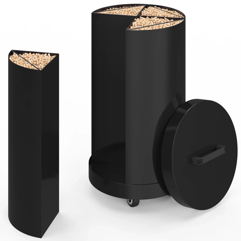 IDMarket - Contenitore rotondo per pellet 30 KG nero 4 scomparti staccabili con beccuccio stoccaggio pellet 35 x 35 x 53,5 cm