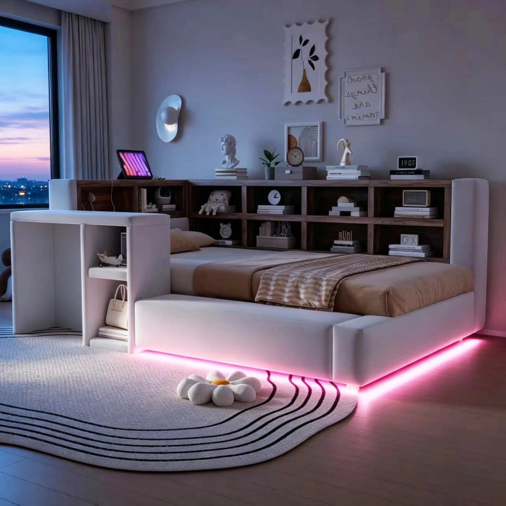 LETTO imbottito 90x200 cm Grigio chiaro con vani contenitore, LED e prese