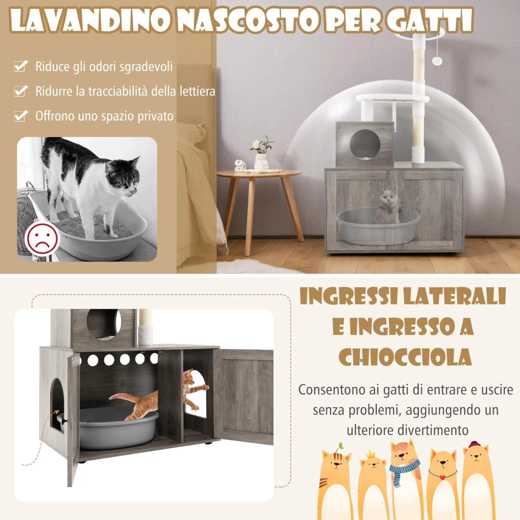 Tiragraffi per Gatti Adulti con Rifugio ad Ante Nascosto, Torre per Gatti con Cuccia, Piattaforma, Cuscini e Tiragraffi, Albero per Animali Grandi Alto in Legno, 77,5 x 49 x 132 cm (Grigio)