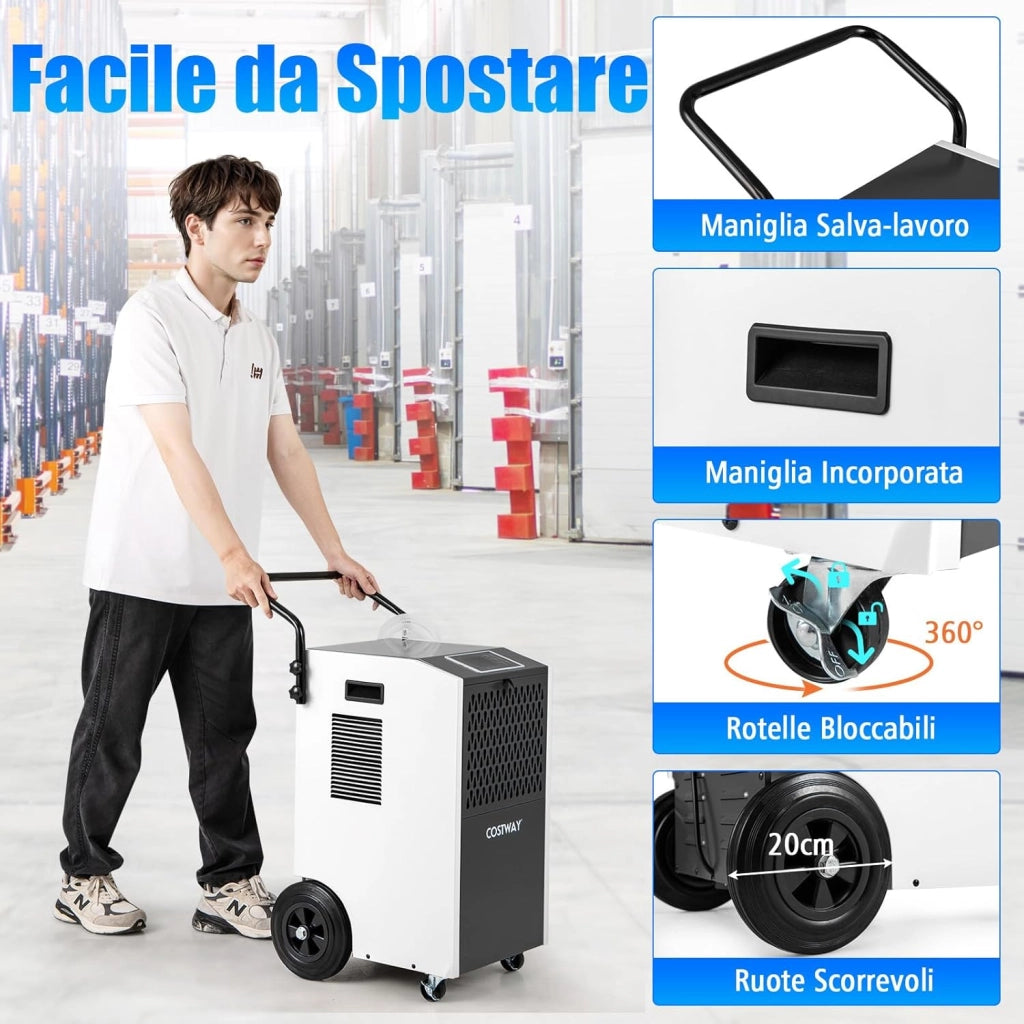 Deumidificatore Casa, Deumidificatore Elettrico con Tubo di Scarico e Timer, Deumidificatore Portatile con Ruote per Cantina, Magazzino, Fabbrica e Grandi Spazi fino a 695 m³ (Bianco)