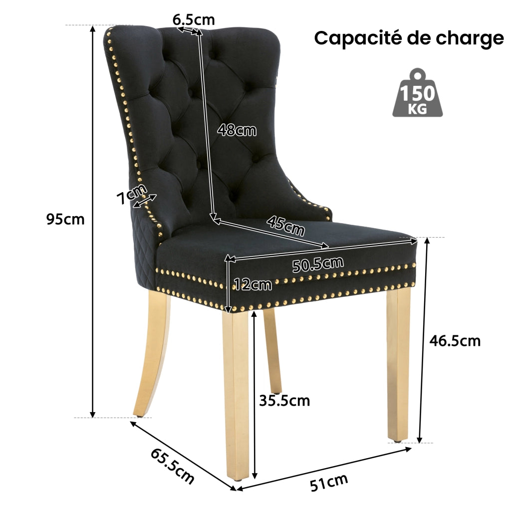 OKWISH Set di 2 Sedie da Pranzo con Anello sullo Schienale e Borchie Decorative, Gambe in Metallo Dorato, Velluto Nero
