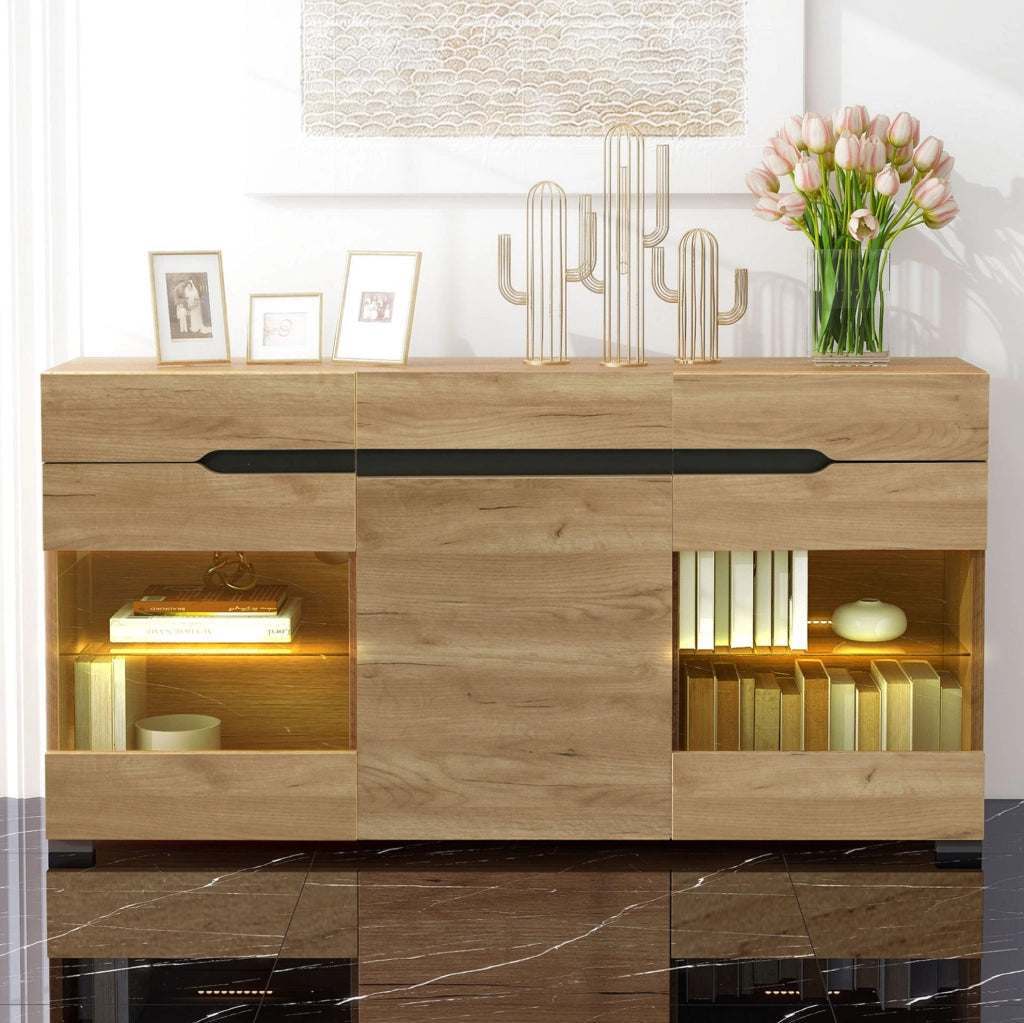 Credenza moderna rovere con LED, 3 vani e 3 cassetti