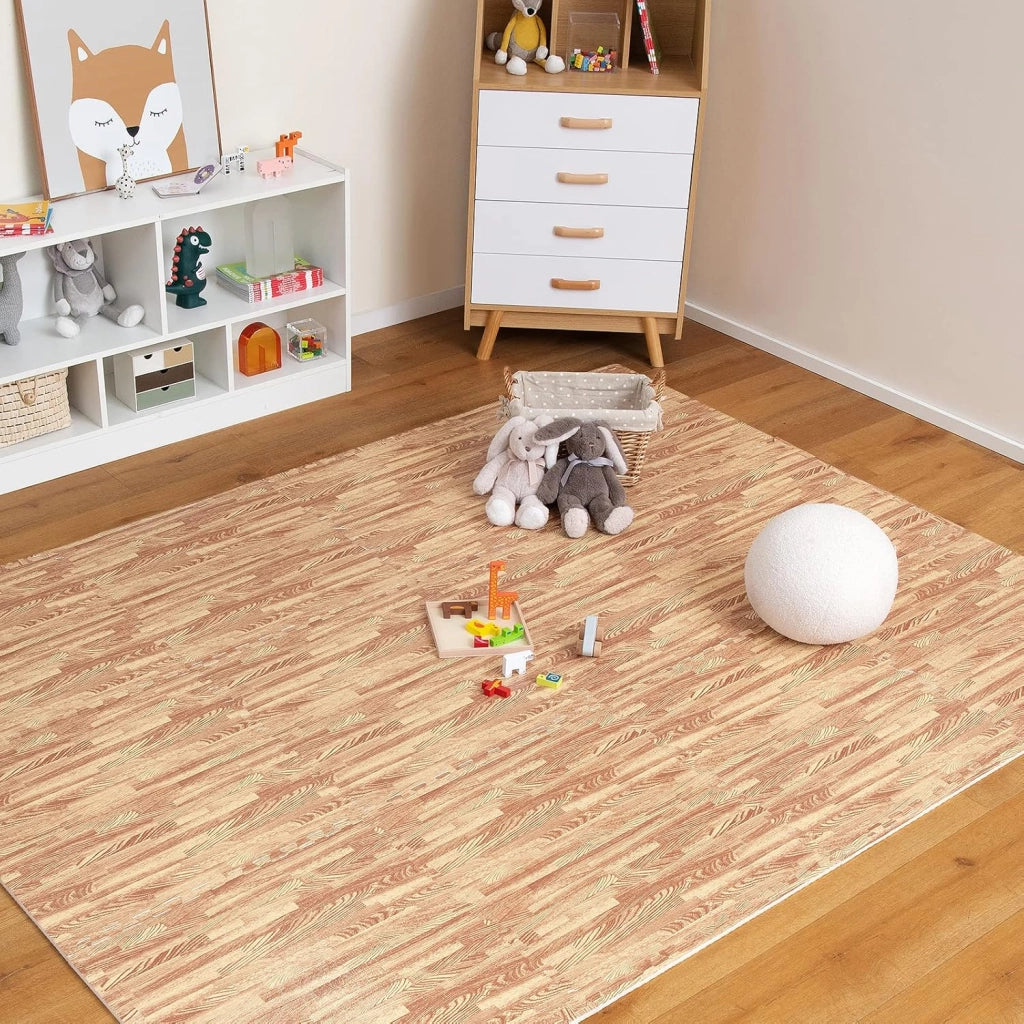 12 Pezzi Tappeto Puzzle Effetto Legno, Tappetini a Incastro in Schiuma EVA con Bordi Perimetrali, Tappeto Protettivo Spesso per Palestra Casa Stanza Giochi, 61x61 cm, 4,5 M²