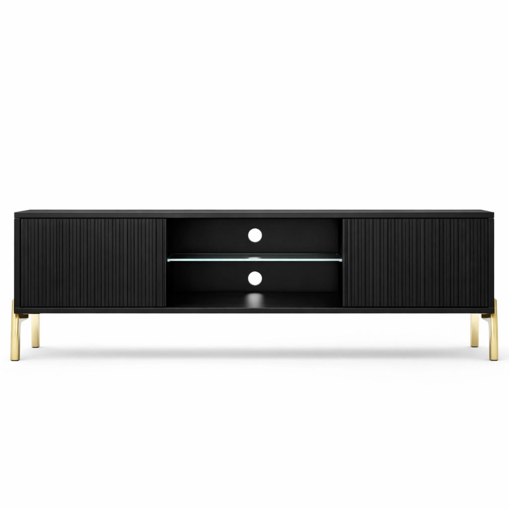 Mobile TV Per Soggiorno Living Con 2 Ante Battenti Vano Centrale A Giorno Ripiano In Vetro Passacavi Posteriori In Melaminico Design Contemporaneo 135 X 31 X 47 Cm Nero