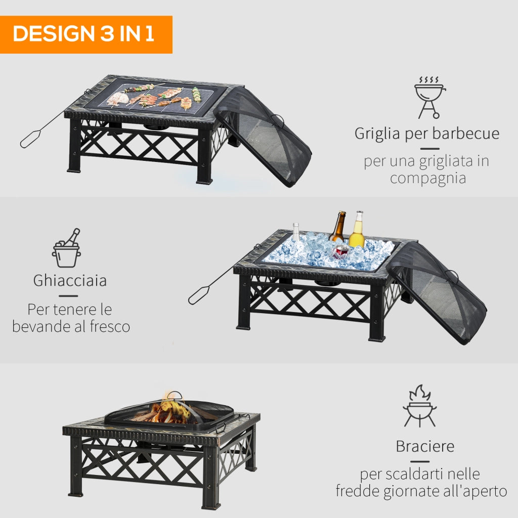 Braciere da Giardino con Griglia e Coperchio ¨C Minimal ¨C Nero 76x76x47cm