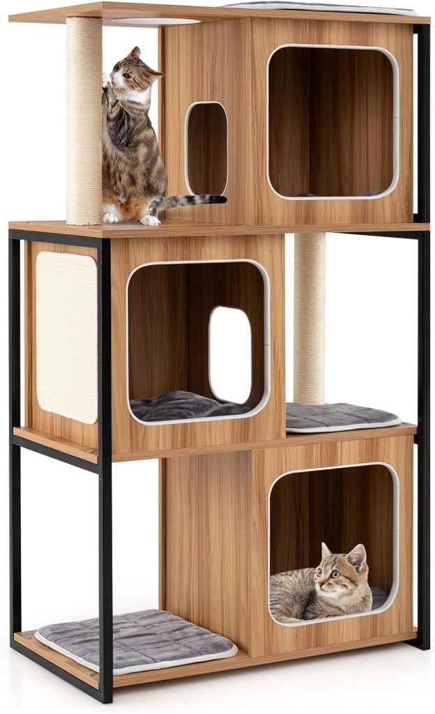 Tiragraffi per Gatti con Struttura in Metallo 75 x 45 x 133cm, Torre Moderno da Interno con Piattaforma Superiore Imbottita, Cuscini Rimovibili e Tiragraffi, Mobile per Animali Domestici