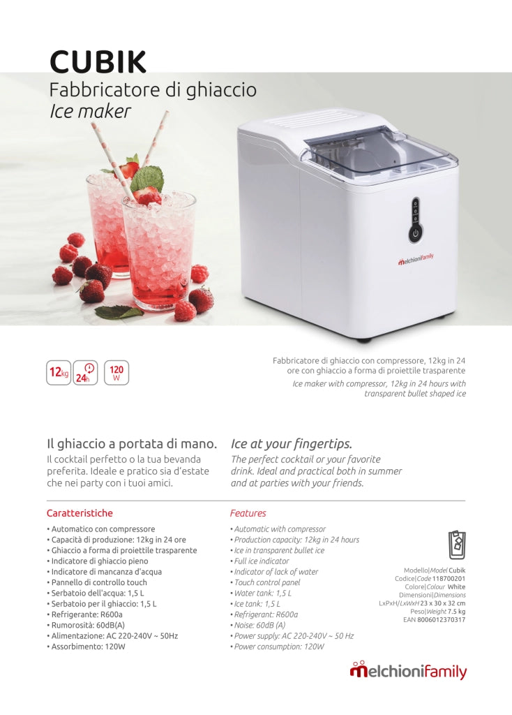 Melchioni Family Macchina Ghiaccio CUBIK Capacità di Produzione 12kg in 24h Cubetti a Forma di Proiettile Serbatoio dell'Acqua 1.6 L Serbatoio per il Ghiaccio 1,6 L Pannello di Controllo Touch