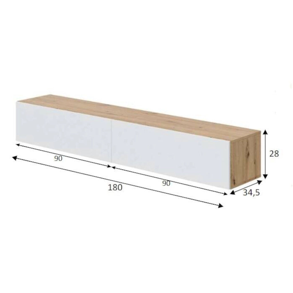 Mobile porta TV Senectus, Porta TV a 2 ante, Mobile sospeso soggiorno, 180x35h28 cm, Rovere Nodi e Bianco lucido
