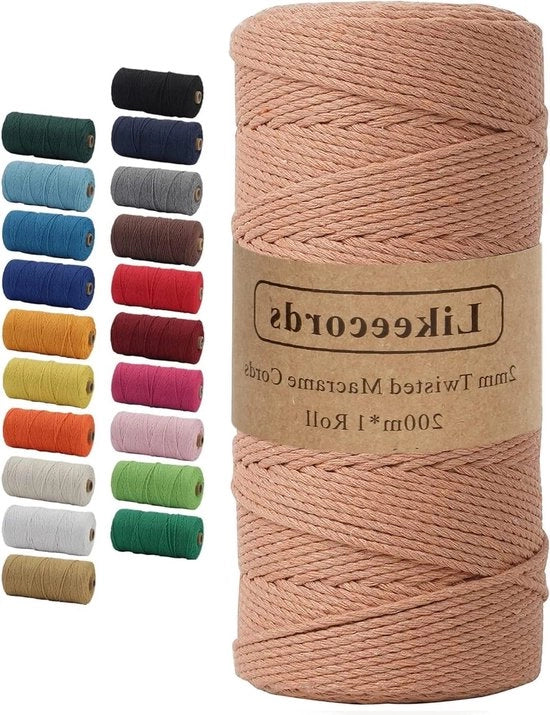 Tessuto Macramé 2 mm x 220 m di Cotone Colorato - per Piante, Ricamo e Maglia