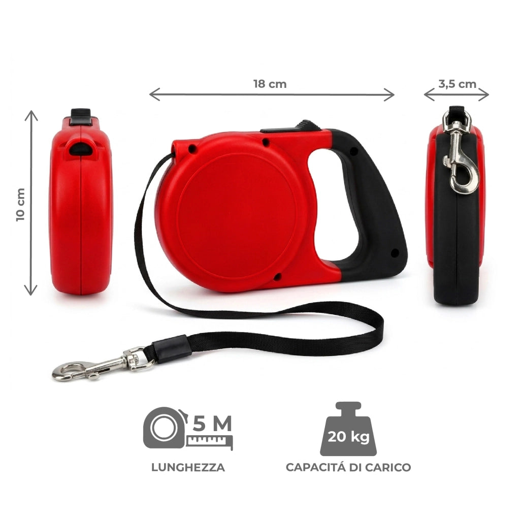 Set 3 Guinzagli Estensibili per Cani con Sistema Retrattile e Pulsante di Blocco – Disponibile da 5 m fino a 20 kg o da 8 m fino a 30 kg  Rosso - 5Metri-20Kg