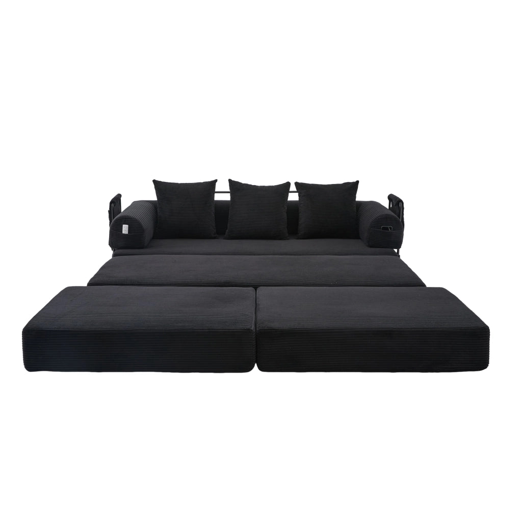 Divano Modulare con Pouf ¨C MINIMAL ¨C Tessuto a Coste, Cuscini, Nero