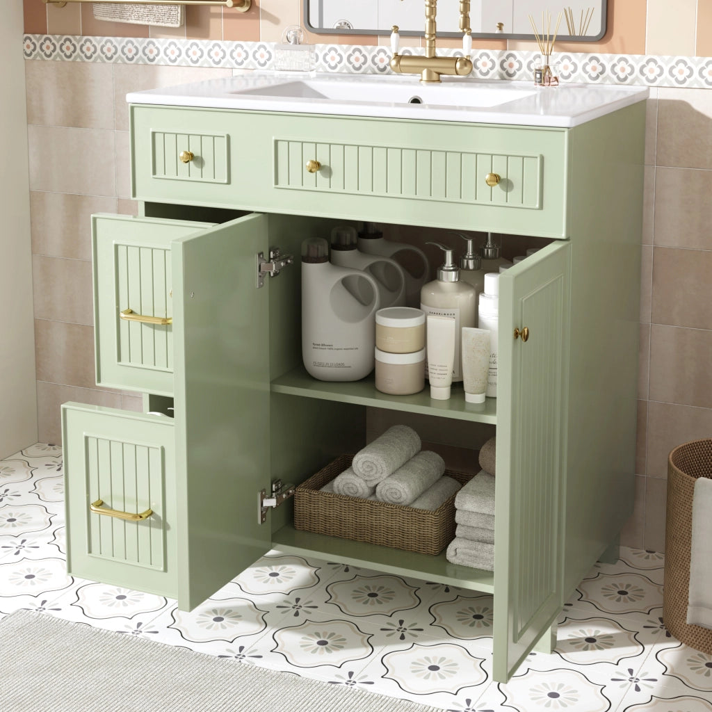Mobile sottolavabo con lavabo in ceramica e più cassetti, per bagno, in MDF laccato verde 81,7 cm