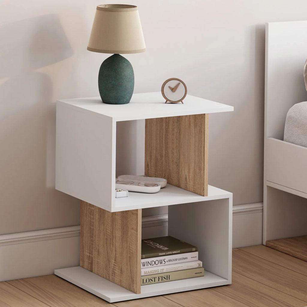 IDMarket - Set di 2 comodini a S SOFIA con contenitore a giorno, effetto bianco e faggio