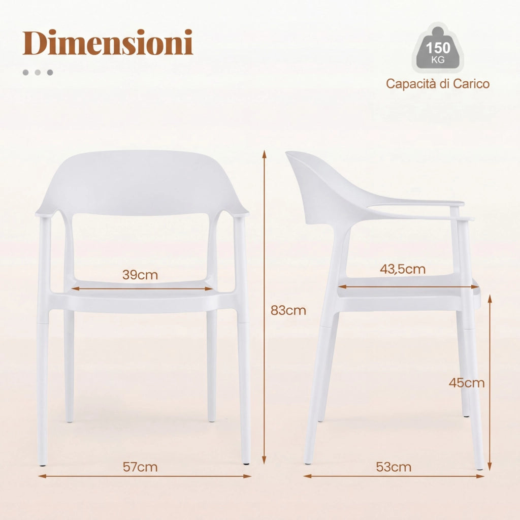 Sedia da pranzo in plastica ergonomica con schienale cavo, Poltrona da tavolo impilabile per soggiorno e sala da pranzo Bianco