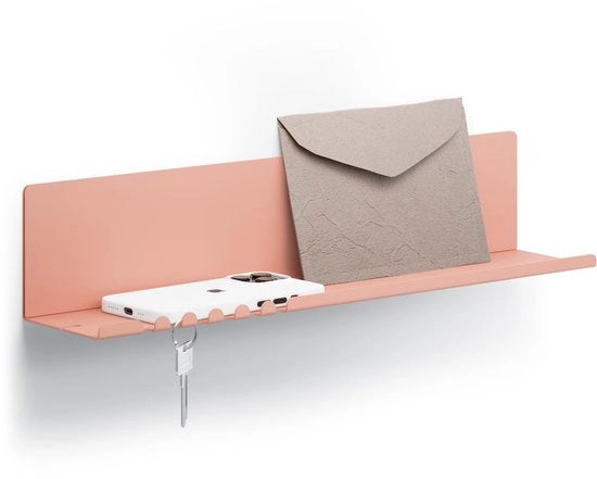 Pannello da parete 44 x 9 x 9 cm con 5 ganci e holder per cavo. Pannello di piatto di acciaio verniciato a specchio. Chiave e postino per ingresso, cucina e ufficio. Colore: beige e rosso.