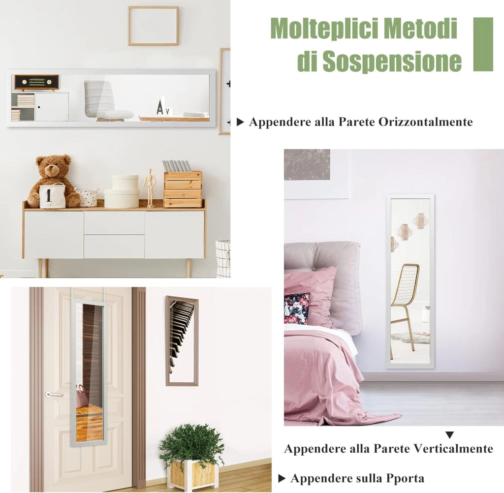 Specchio a Figura Intera Sopra la Porta, Specchio da Parete Lungo con Ganci per la Porta, Ideale per Camera da Letto Soggiorno Ingresso, 33x119 cm (Bianco)
