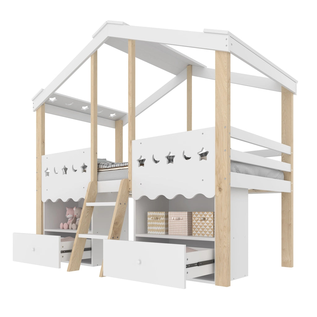 OKWISH Letto a Soppalco 90×200 cm, Letto Singolo con 2 Cassetti, LED Regolabile e Mensole, senza Materasso, in Pino, Bianco e Naturale
