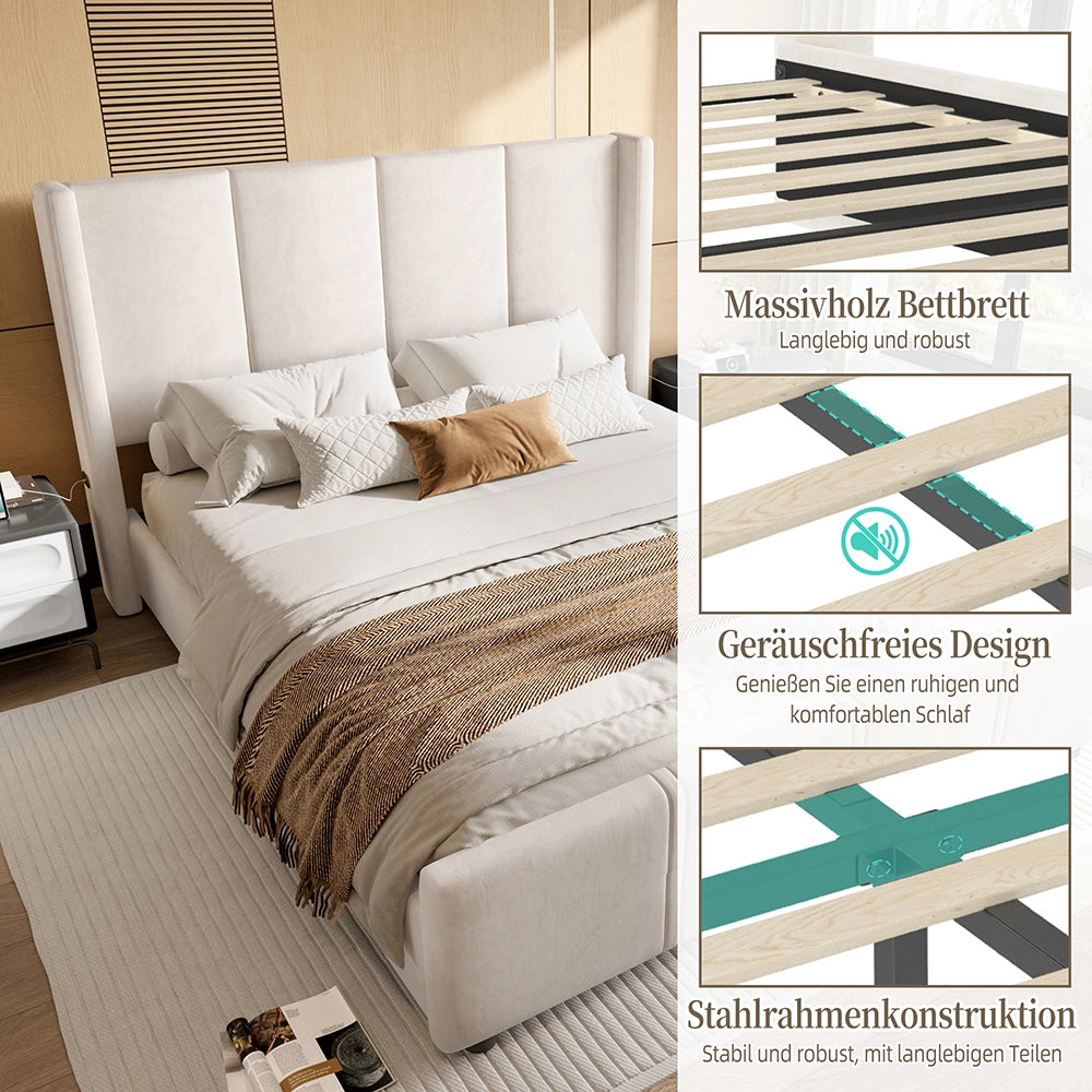 Letto-Xylo-140x200 cm-testiera alta, USB, ferro+legno, beige