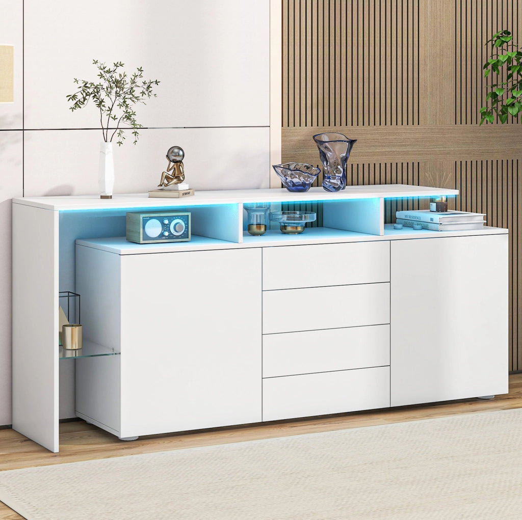 Sideboard 160 cm bianco con LED, 2 ante e 4 cassetti