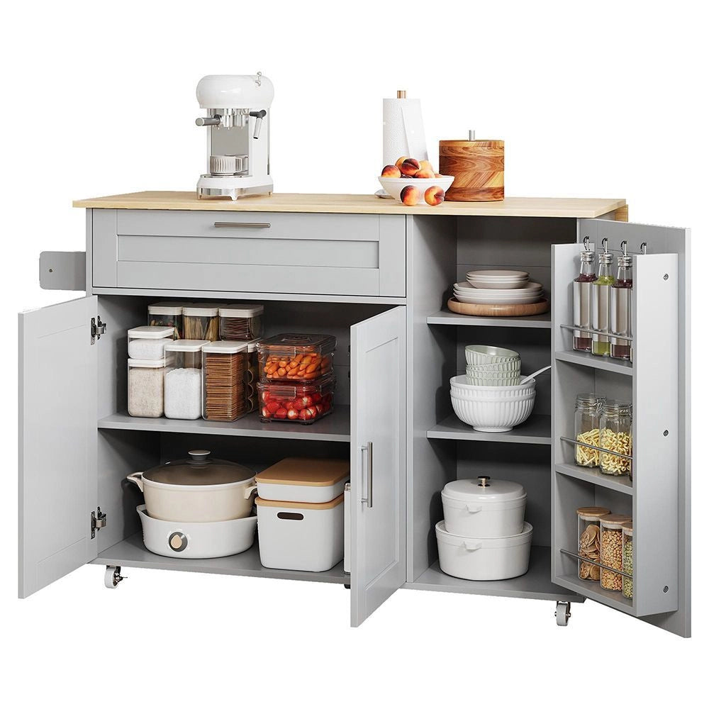 Tavolo da cucina mobile con piano ribaltabile - Xylo - 132,5x44x90 cm - Venatura quercia - Multifunzionale con scaffale spezie, porta asciugamani, 5 ruote
