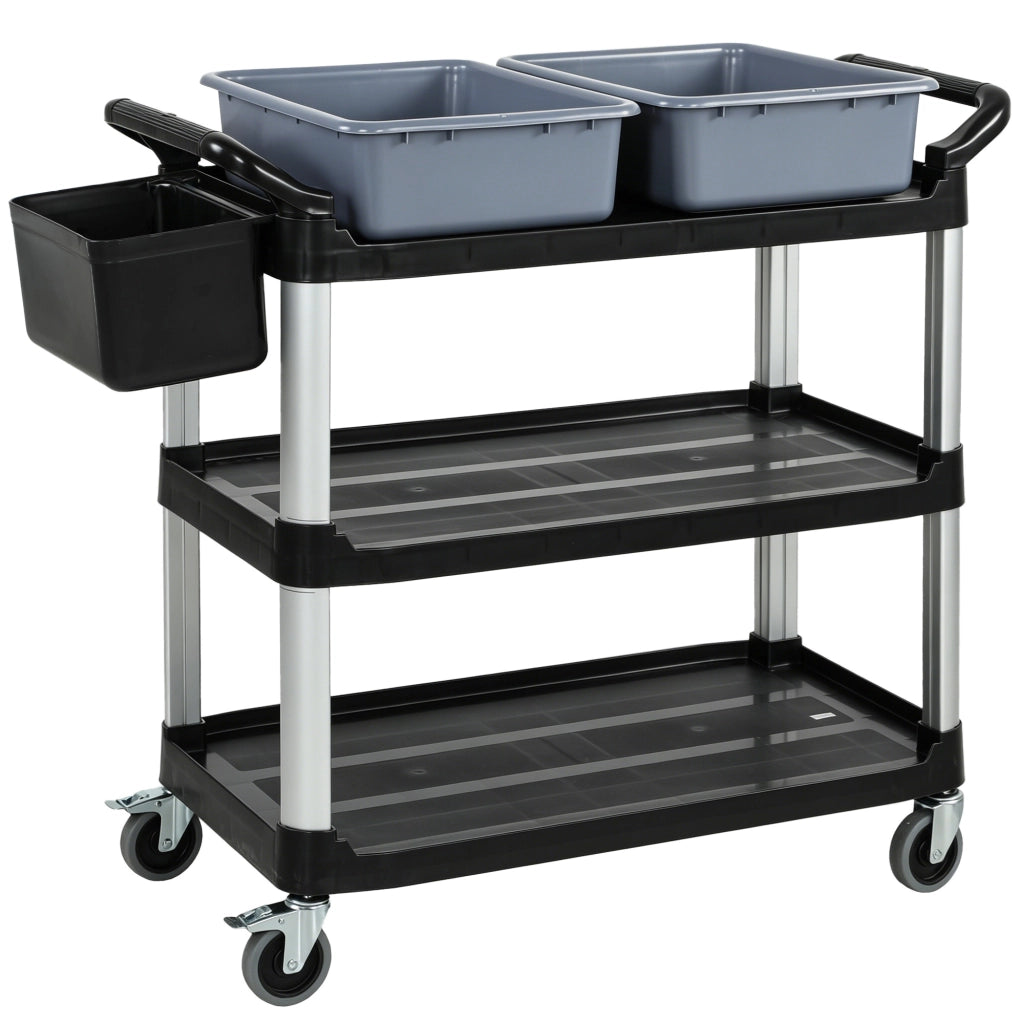 Carrello Pulizie Professionale 115x50x100 cm a 3 Ripiani con 2 Contenitori Rimovibili Bidone Laterale e 4 Ruote in PP