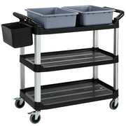 Carrello Pulizie Professionale 115x50x100 cm a 3 Ripiani con 2 Contenitori Rimovibili Bidone Laterale e 4 Ruote in PP