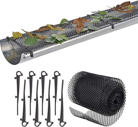 Dakgootbescherming 6 m - Inclusivo 8 Viti - Reticolo Flessibile in Plastica - Spatola per Foglie - Montaggio Facile - Resistentissimo e Resistente ai Venti