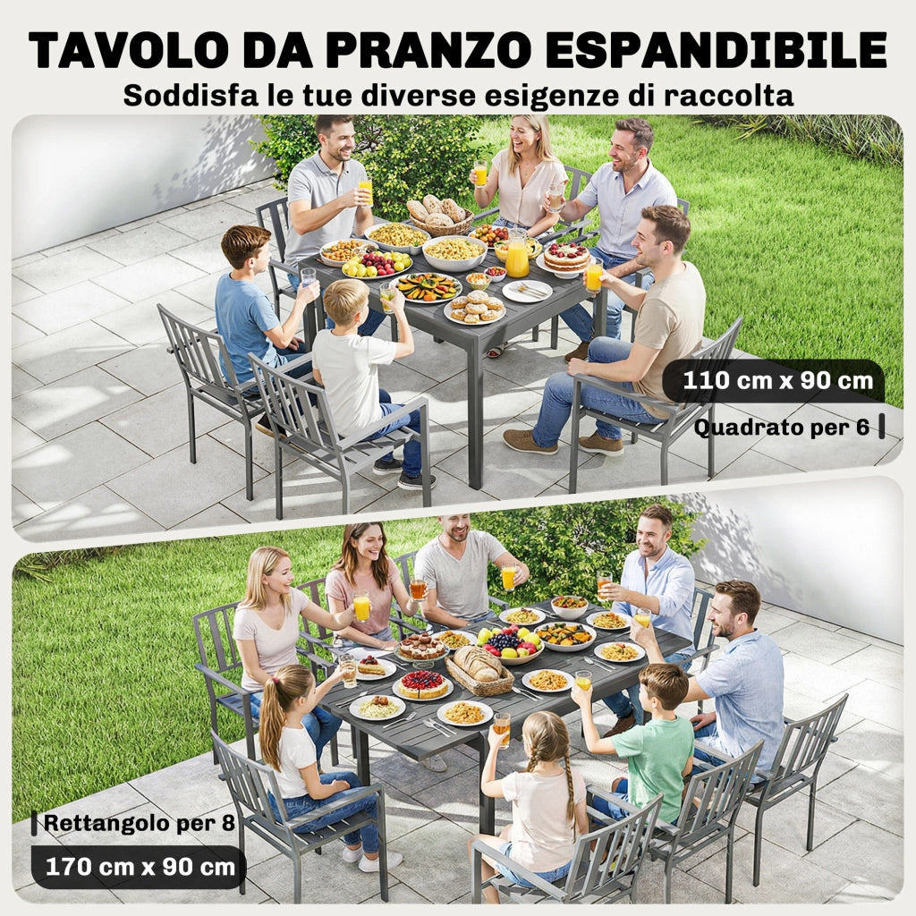 Tavolo da Giardino Allungabile per 6-8 Persone con Piano a Doghe, in Alluminio, 110-170x90x75 cm, Grigio Scuro