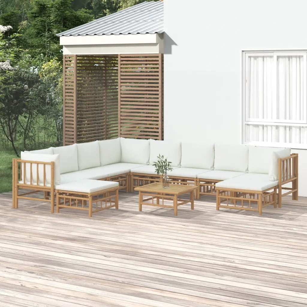 Set Salotto da Giardino 11pz con Cuscini Bianco Crema in Bambù 3155193