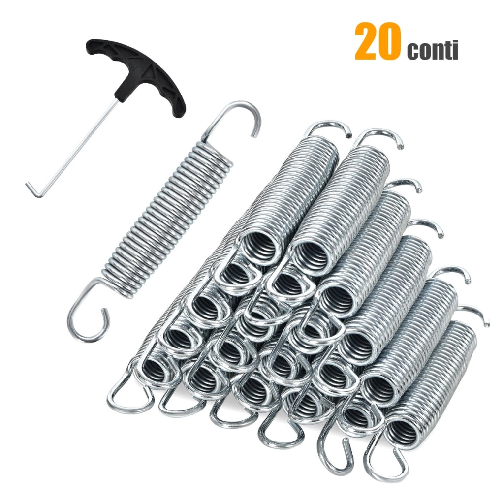 Set di 20 molle di 14 cm in acciaio galvanizzato con gancio a T di trazione, Kit sostituzione tappeto elastico-Accessori trampolini