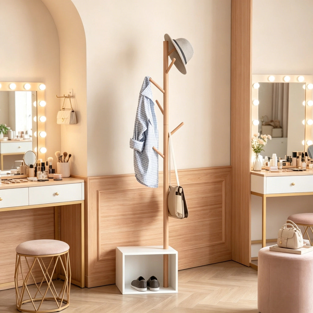 Mobile da ingresso con 6 ganci e panca contenitore; bianco e bambù; in MDF e legno di bambù