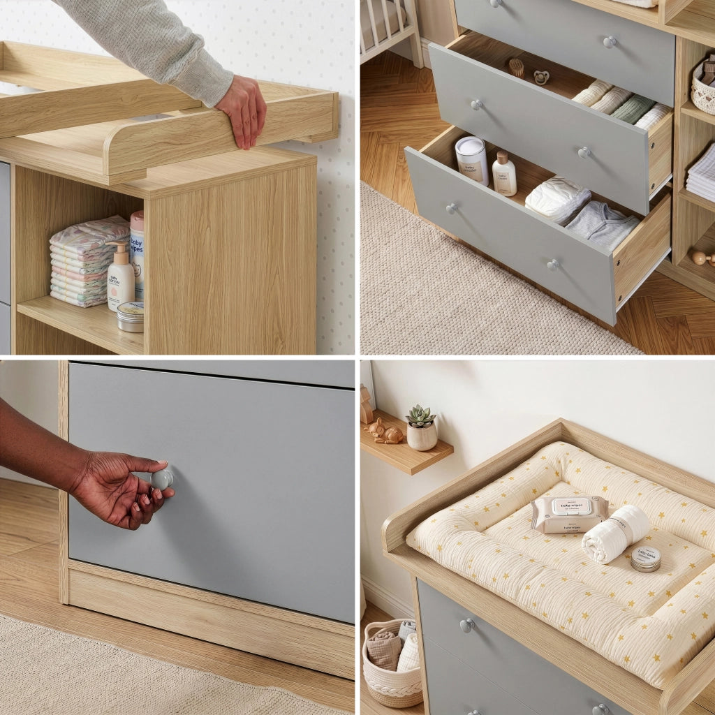 Cassettiera Beldinupp con Piano Fasciatoio Rimovibile 93 x 110 x 55 cm - Effetto Rovere / Grigio [en.casa]