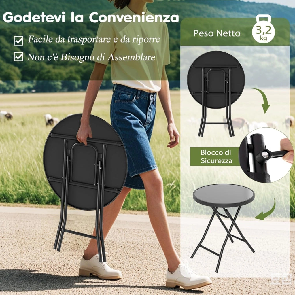 Tavolino da Giardino Pieghevole da 46 cm, Tavolino Rotondo Compatto da Patio, con Piano in Vetro Temperato e Struttura in Metallo, Tavolino Laterale Portata 50 kg (Nero)