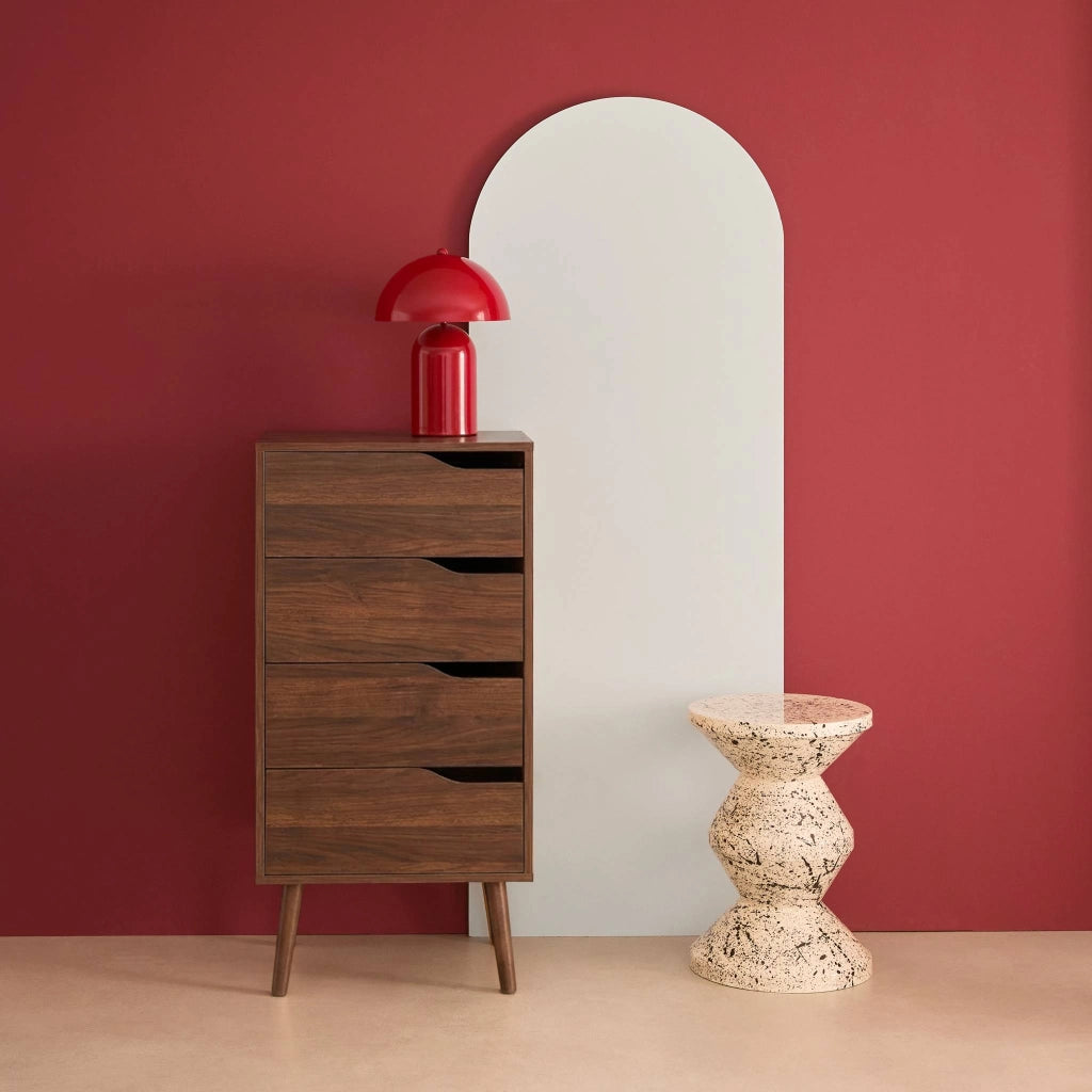 Cassettiera decorata in legno con 4 cassetti, noce