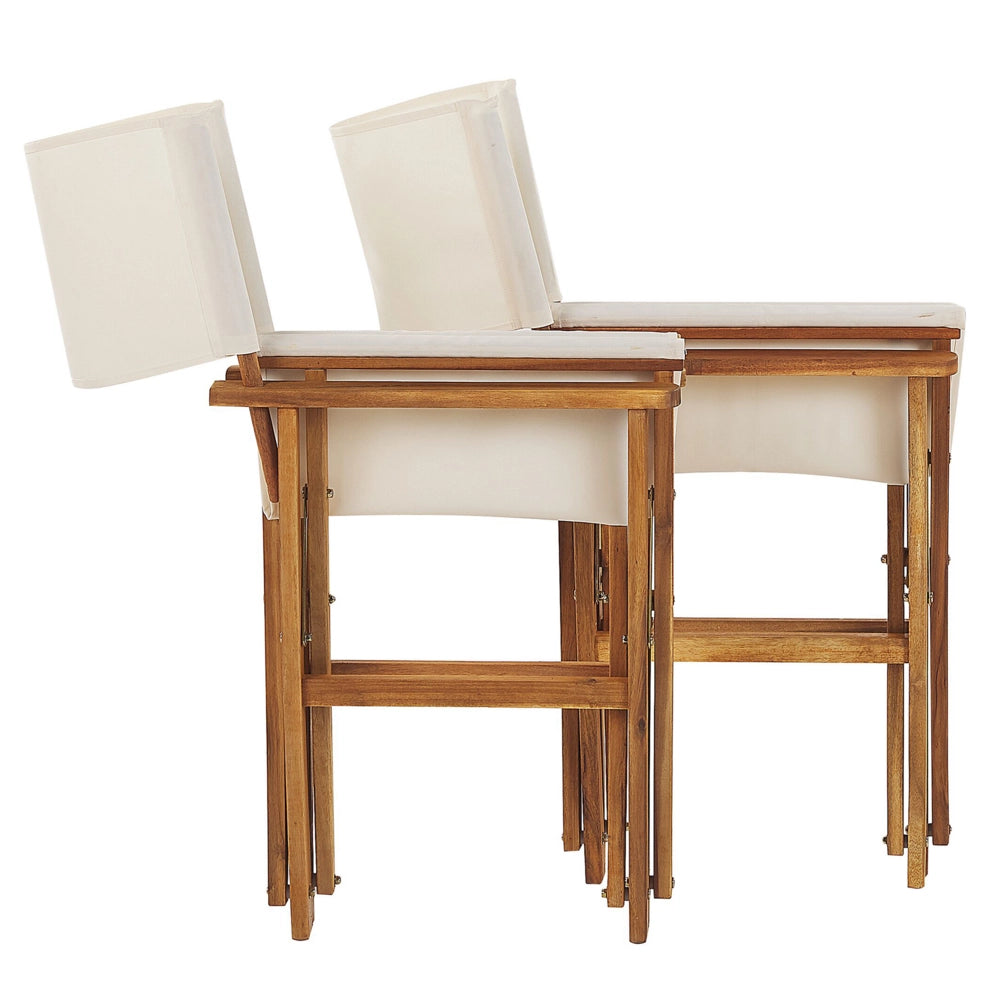 Set di 2 sedie da regista da giardino in legno chiaro con tessuto di ricambio in acacia bianco sporco con motivo astratto pieghevole con 2 Tele intercambiabili