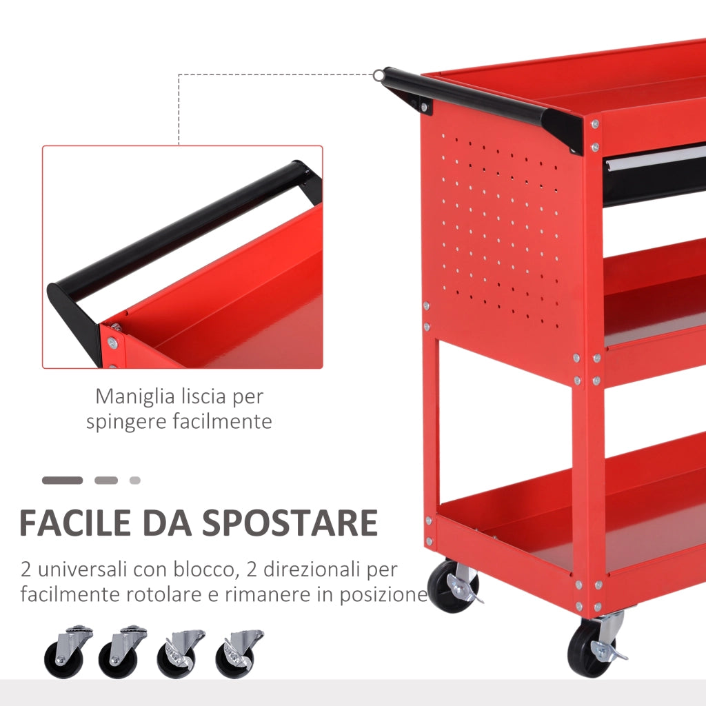 Carrello Porta Utensili con Maniglia e Cassetto 3 Ripiani ¨C Xylo ¨C Acciaio Rosso 82x35x76cm