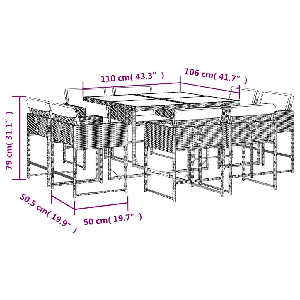 Set da Pranzo da Giardino 9pz con Cuscini Marrone in Polyrattan 3278144