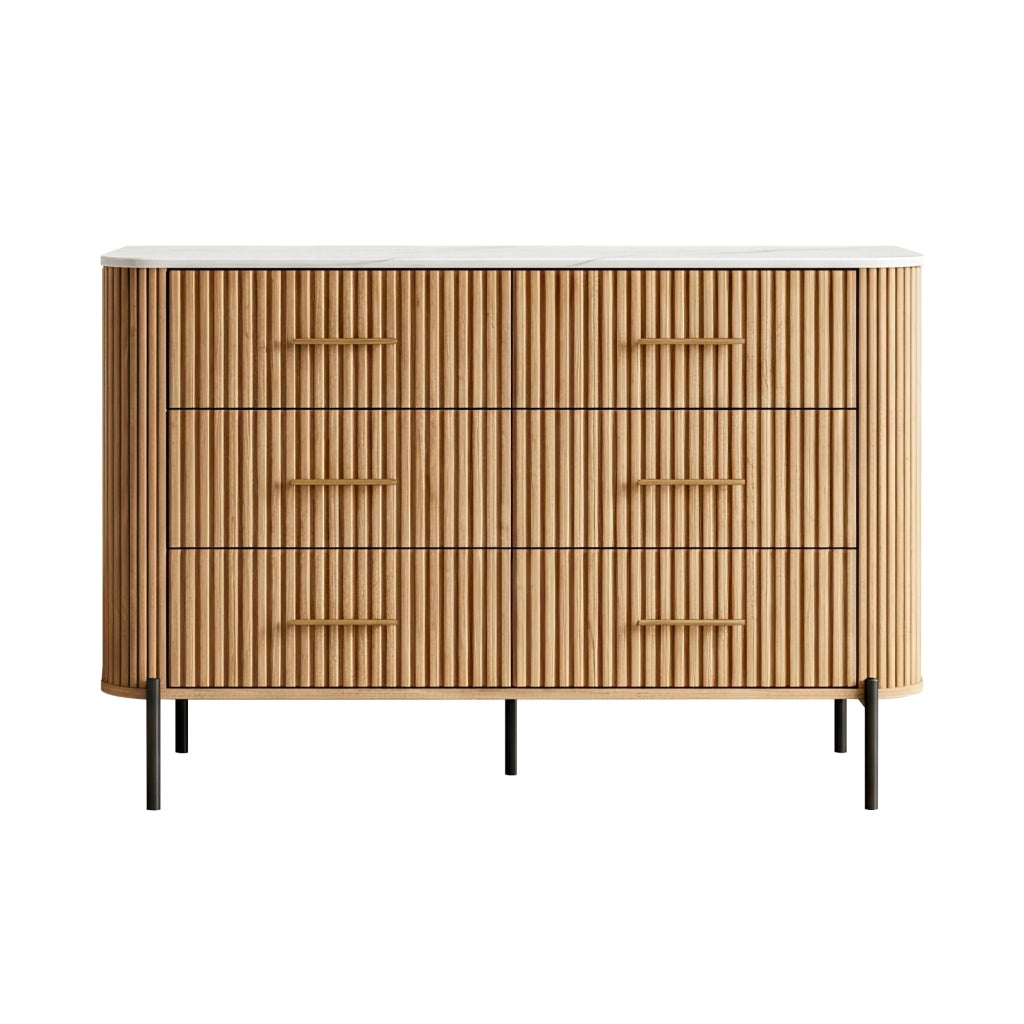 Cassettiera Kokunse Comò a 6 Cassetti 120x42x78 cm Effetto Rovere / Effetto Marmo Bianco [en.casa]