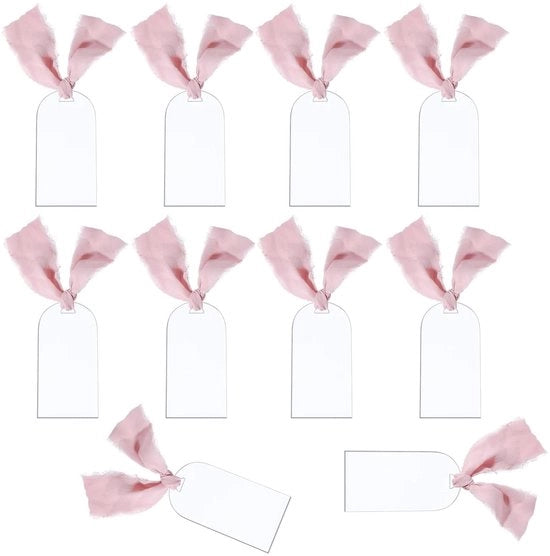 Etichette per Tavolo Transparenti - 10 Pezzi - Acrilico - Etichette per Cassetto - Matrimonio/Cena - Organizzazione dei Posti a Tavola - Fiocchi di Lino Rosa chiaro - 4,5 x 9 cm - Cartellini dei Nomi