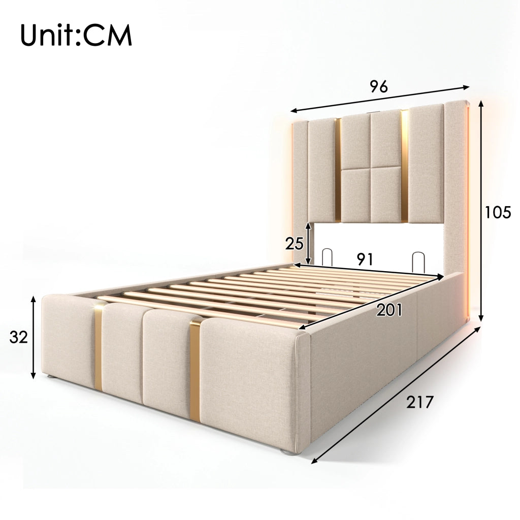 Letto singolo LED – 90x200 cm – USBC APP contenitore – lino beige