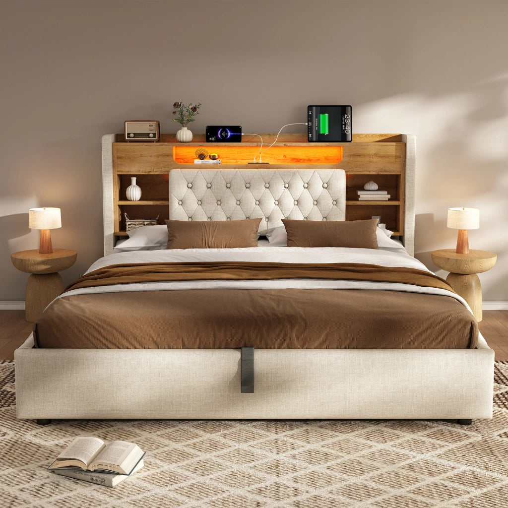 Letto contenitore matrimoniale 160 × 200 cm con LED, 3 USB e Type-C, ripiani, senza materasso, beige