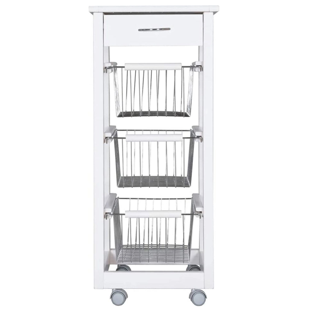 Carrello Cucina SALVASPAZIO in Legno di FAGGIO con CASSETTO E CESTI CONTENITORI 4 Ruote GIREVOLI PORTAPANE PORTAF Bianco