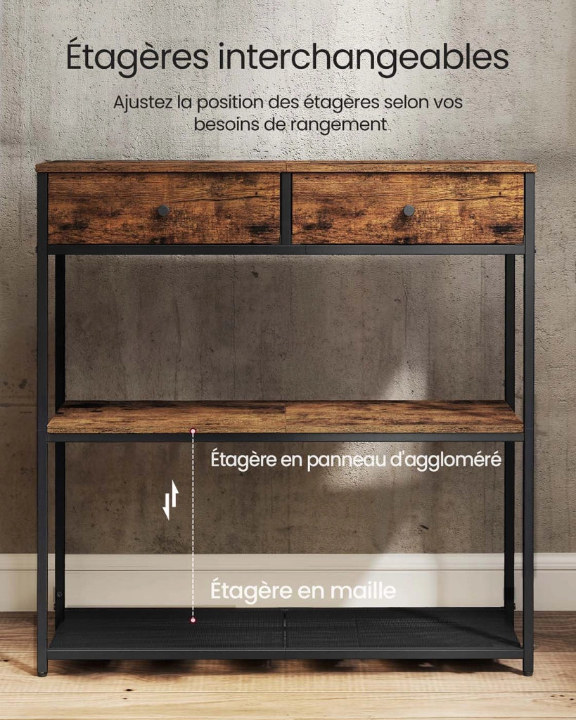 Tavolino da ingresso stretto con 2 cassetti in tessuto consolle/tavolino laterale su 3 livelli 24 x 76 x 80 cm per ingresso/soggiorno marrone 12_0007999