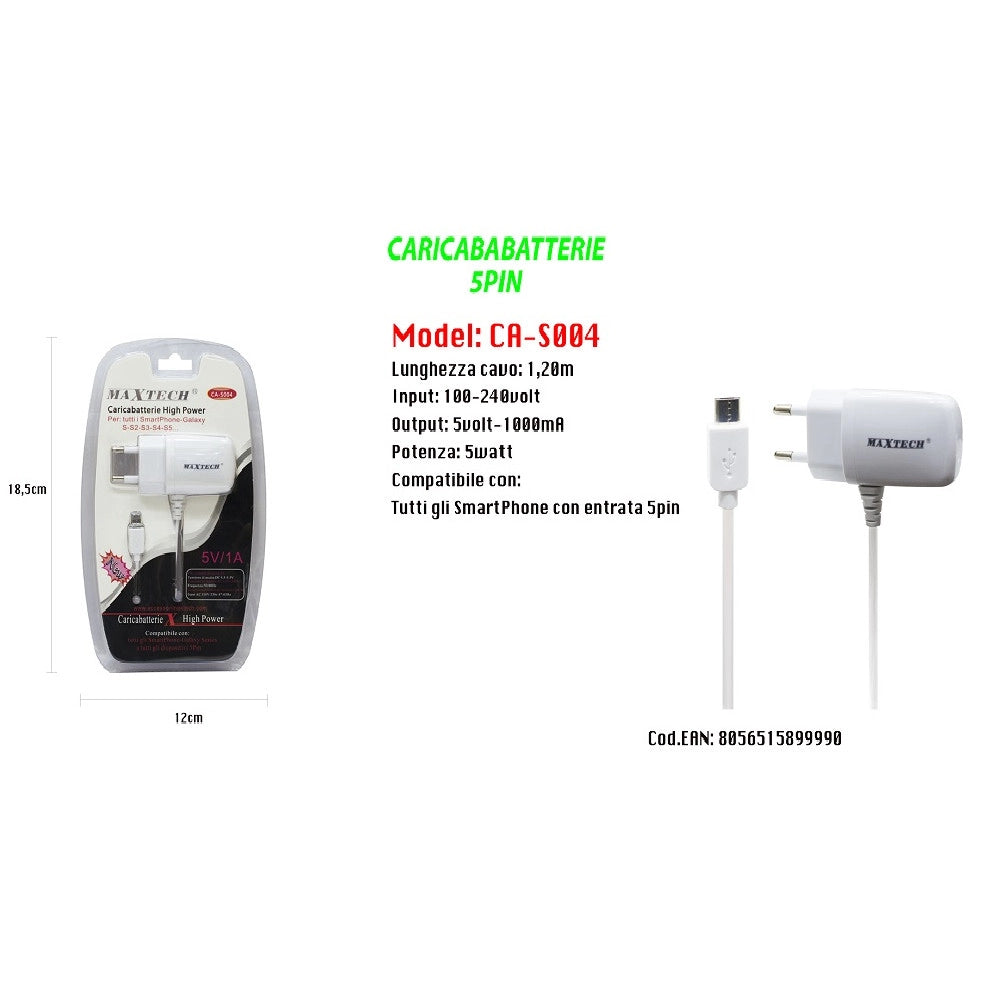 Trade Shop - Caricabatteria Da Rete Fissa Con Attacco Micro Usb 5pin 5v-1000mah Maxtech Ca-s004 -