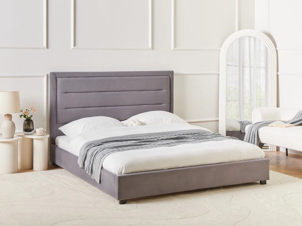 Letto matrimoniale in velluto grigio scuro 160 x 200 cm con testiera imbottita stile moderno