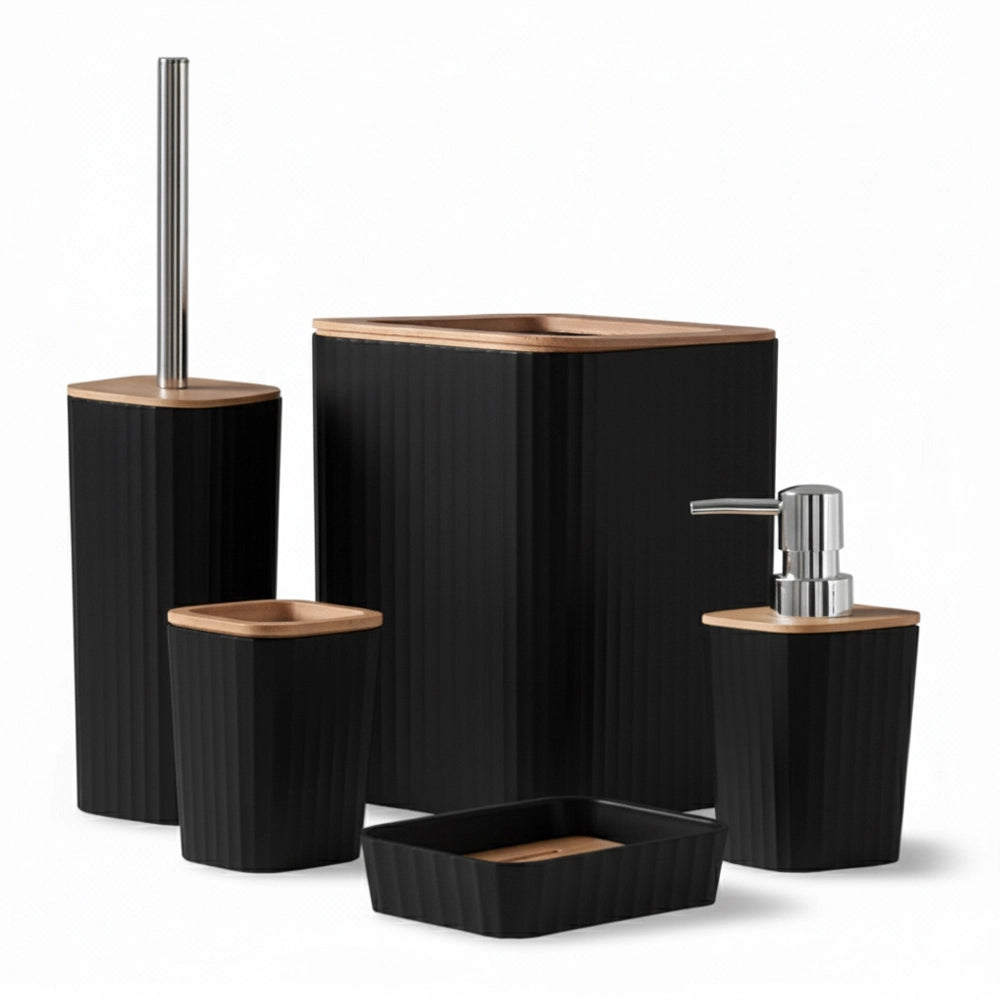 Set accessori bagno nero in plastica e bambù 5 pezzi – Show