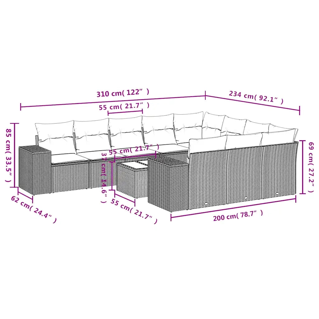 Set Divani da Giardino 11 pz con Cuscini Polyrattan Marrone 3255440