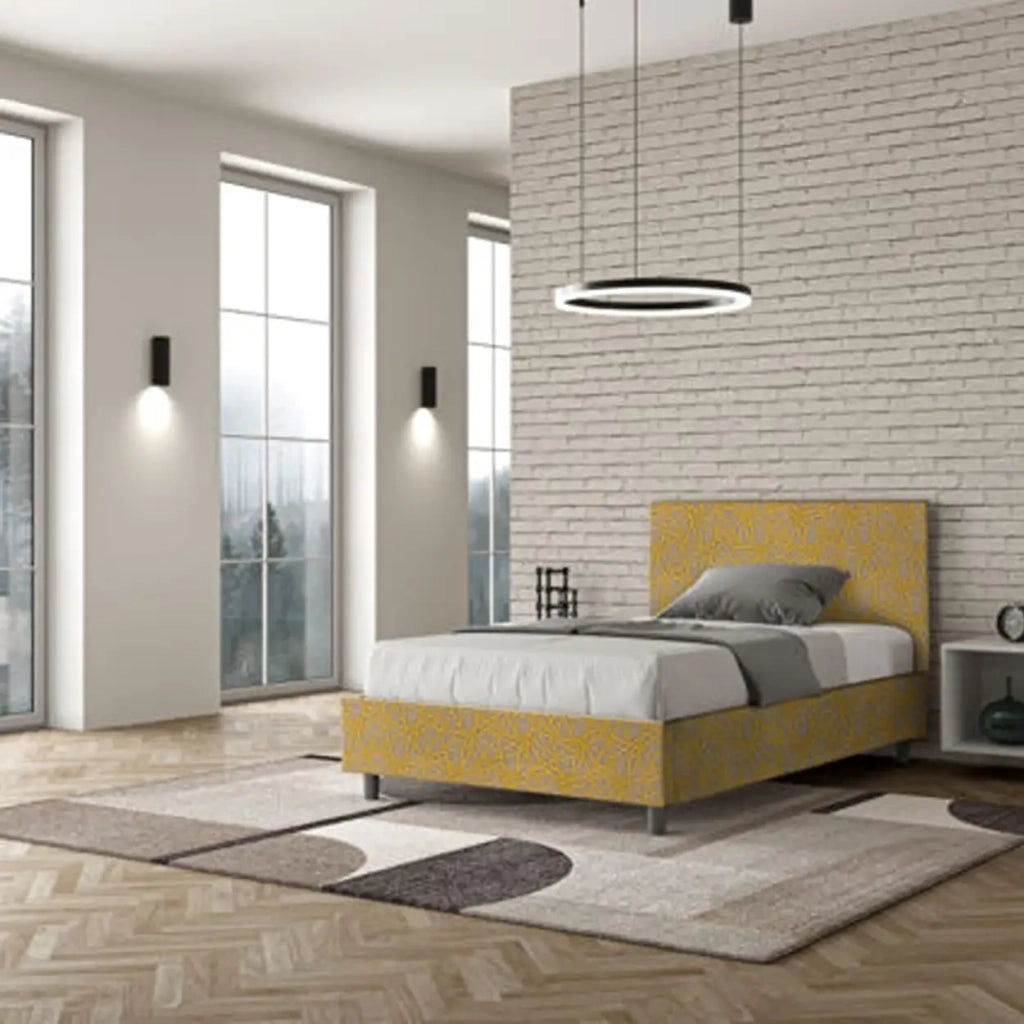 Letto una piazza e mezza contenitore imbottito 120x200 tessuto Era 6 giallo Adele