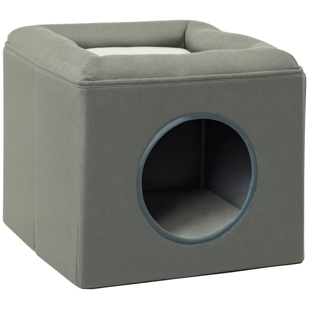 Casetta per Gatti a 2 Livelli con Cuscino in Peluche. in Legno. Poliestere e Plastica. 36.5x36.5x33 cm. Verde