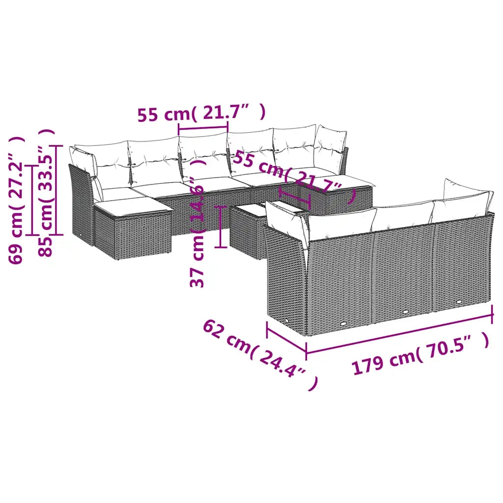 Set Divani da Giardino 11 pz con Cuscini Polyrattan Marrone 3218343